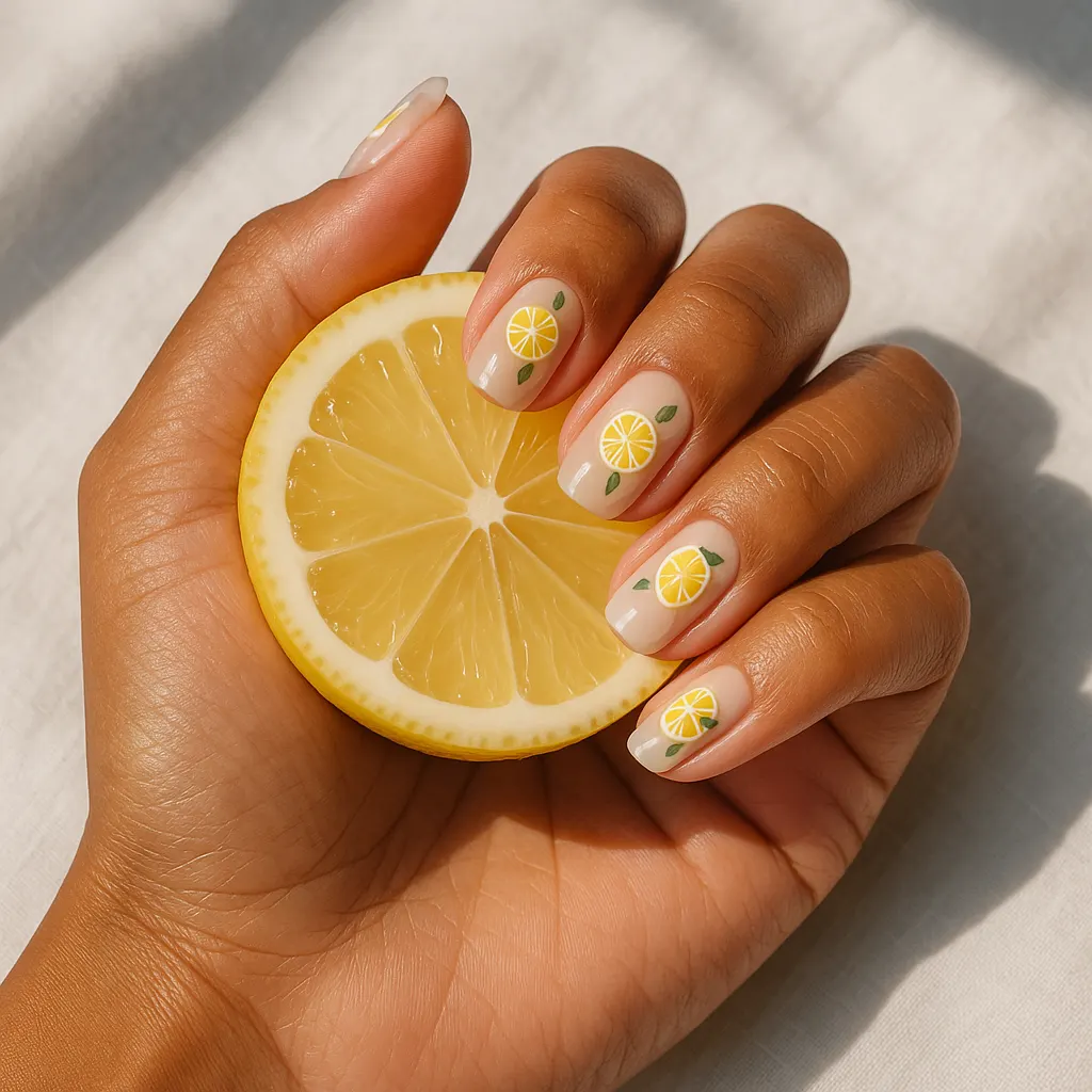 Medium squoval nails with a sheer nude base and small painted lemon slices with green leaves on morena skin, hand holding a halved lemon.