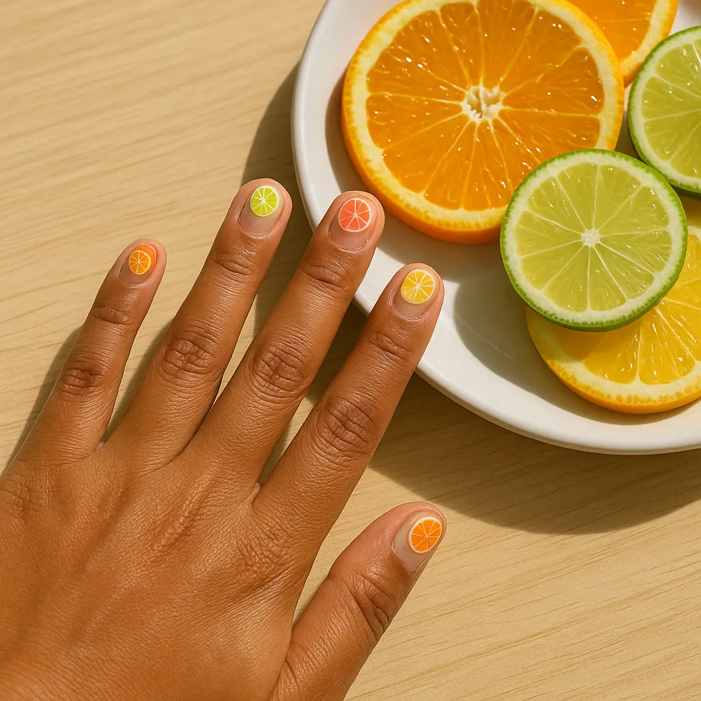 Short round nails with a sheer nude base and a different painted citrus slice on each nail in orange, lime, pink grapefruit and lemon, on warm tan skin beside a plate of sliced oranges and limes.