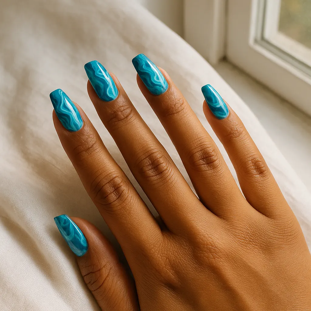 Medium coffin nails with turquoise, ocean blue and white marble swirls like sea water on morena skin, resting on white linen by a window.