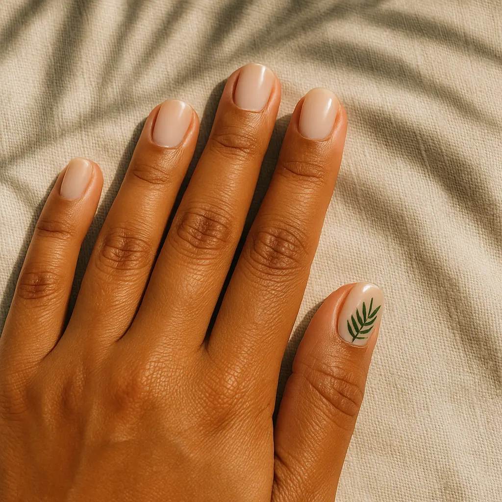 Short squoval nails in milky nude with one green painted palm leaf on the thumb nail, on warm tan skin under palm frond shadows on linen.