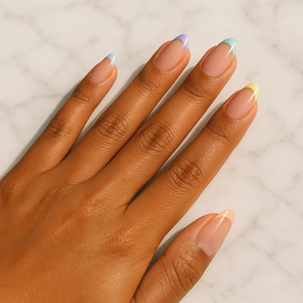 Medium almond nails with a nude base and thin pastel French tips in lilac, mint, butter yellow, baby blue and peach, on morena skin over white marble.