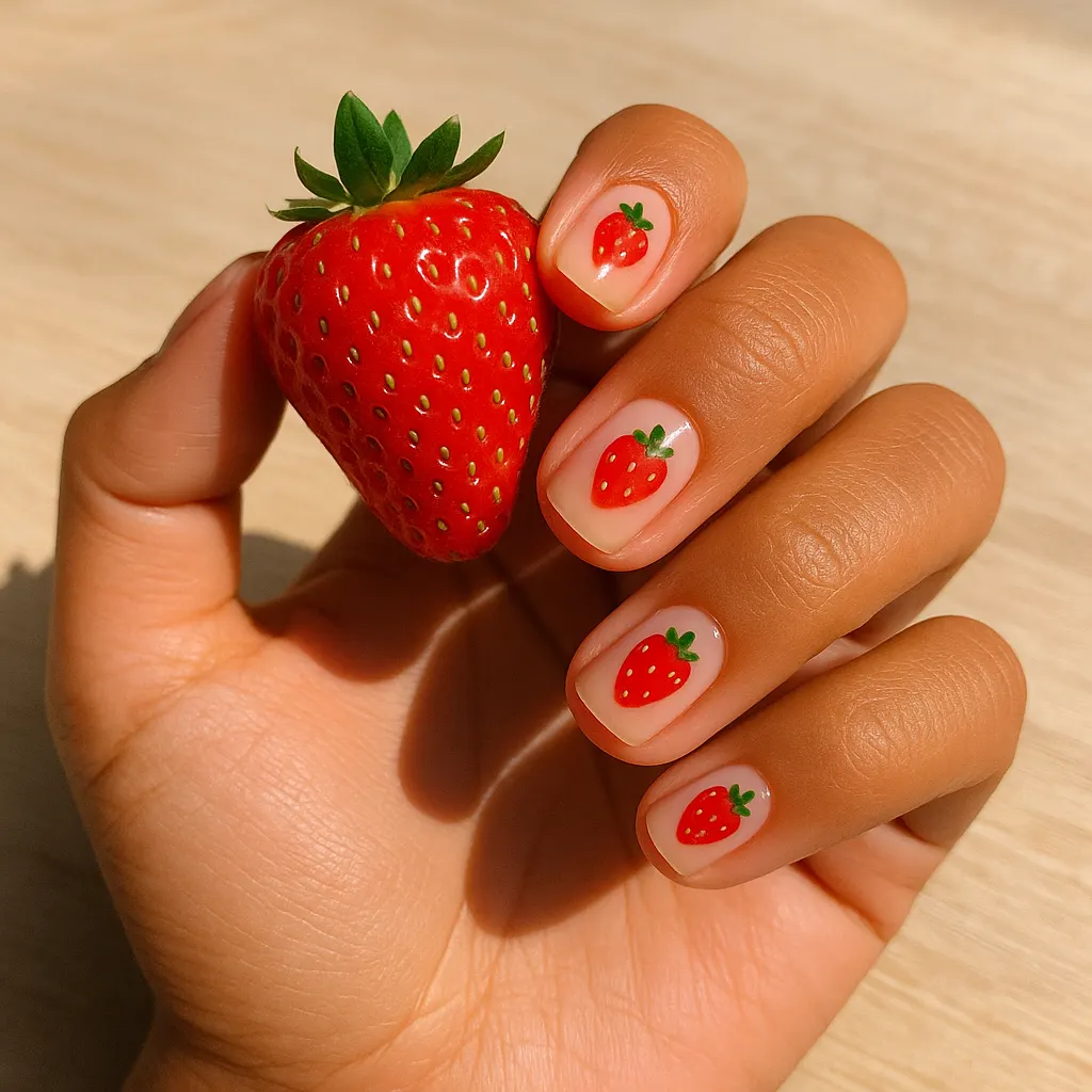 Short squoval nails with a soft pink base and small painted red strawberries with green tops on warm tan skin, hand holding a fresh strawberry.