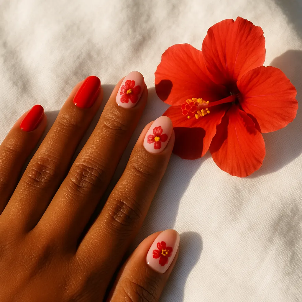 Medium oval nails mixing glossy red nails with nude pink accent nails painted with red hibiscus flowers, on deep brown kayumanggi skin beside a real red hibiscus on white linen.