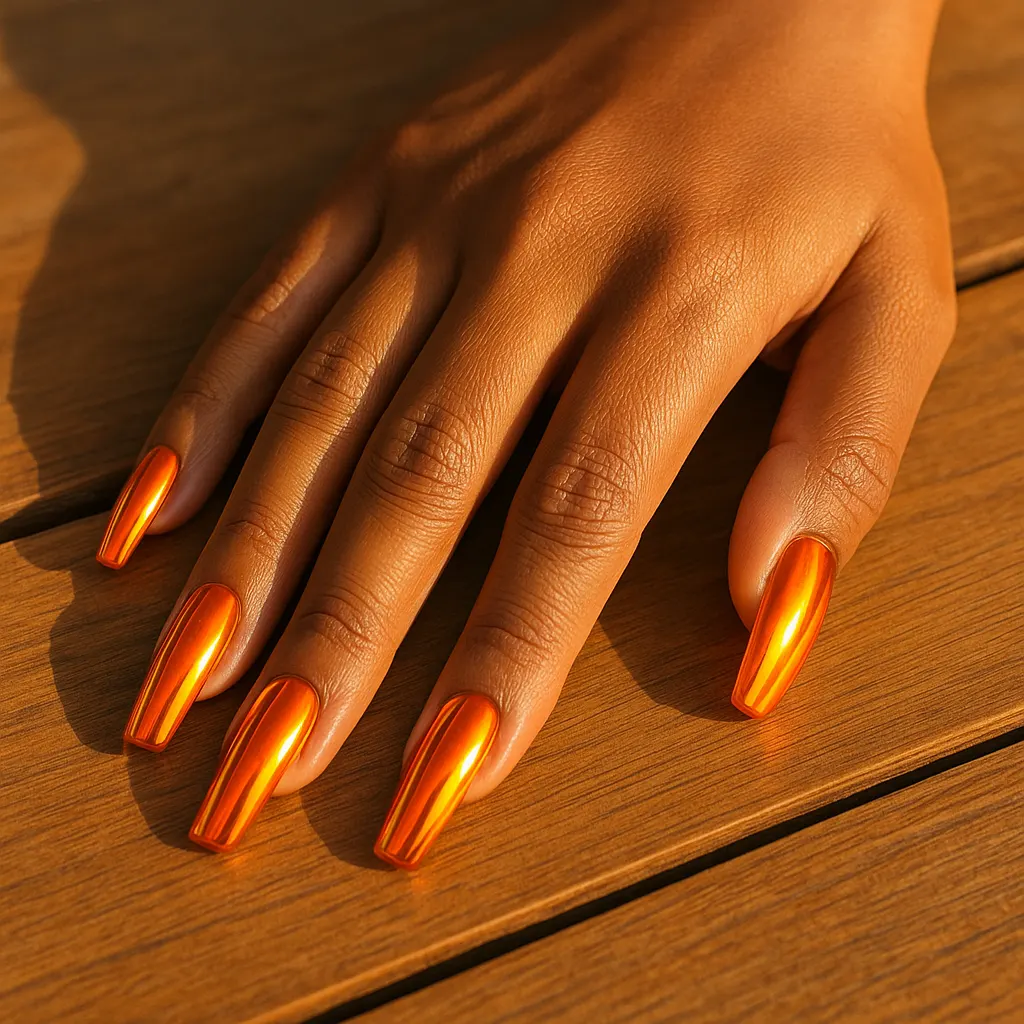 Long coffin nails in mirror-like sunset orange chrome with gold reflections on morena skin, resting on a wooden table in golden afternoon light.