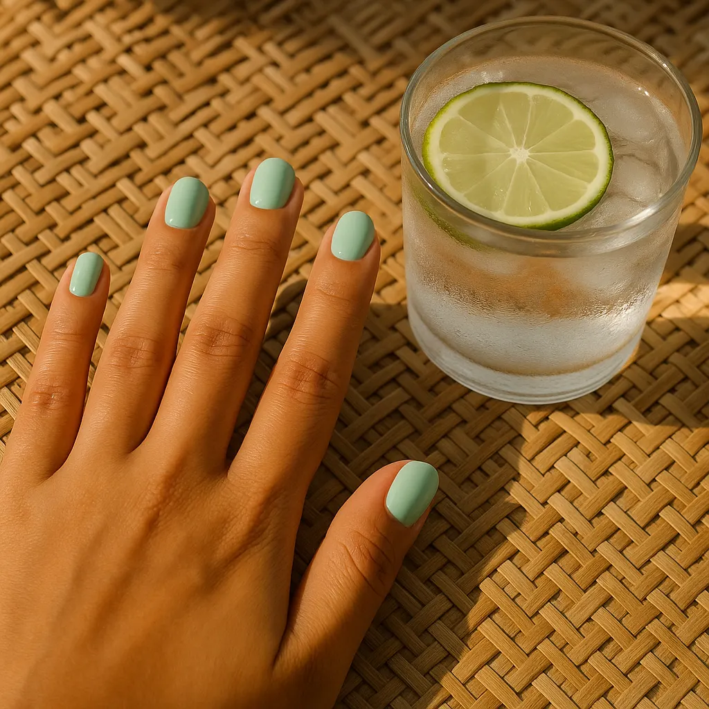 Short round nails in fresh pastel mint green on light mestiza skin, hand resting on a rattan table beside a glass of iced water with lime.