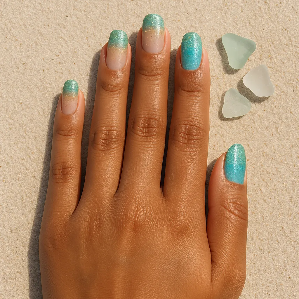 Medium squoval nails with a sandy beige base fading into aqua glitter tips, with the index and thumb nails in full aqua glitter, on warm tan skin resting on beach sand beside sea glass.
