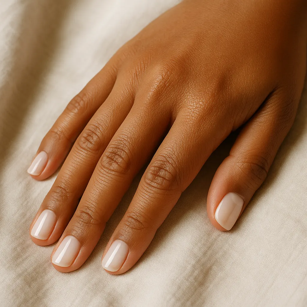 Short squoval nails in a glossy milky white bridal polish on morena skin, hand resting on cream linen.