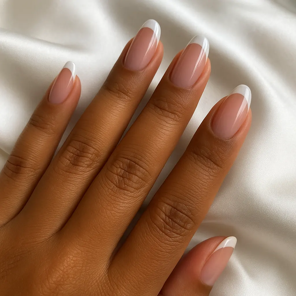 Medium almond nails with a sheer pink base and thin white French tips on morena skin, over white satin.