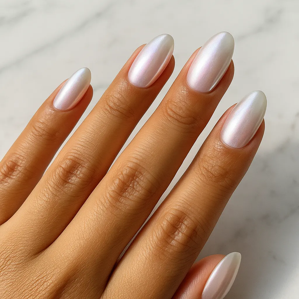 Medium almond nails in a milky pearl chrome with a soft pink shimmer on warm tan skin, on white marble.