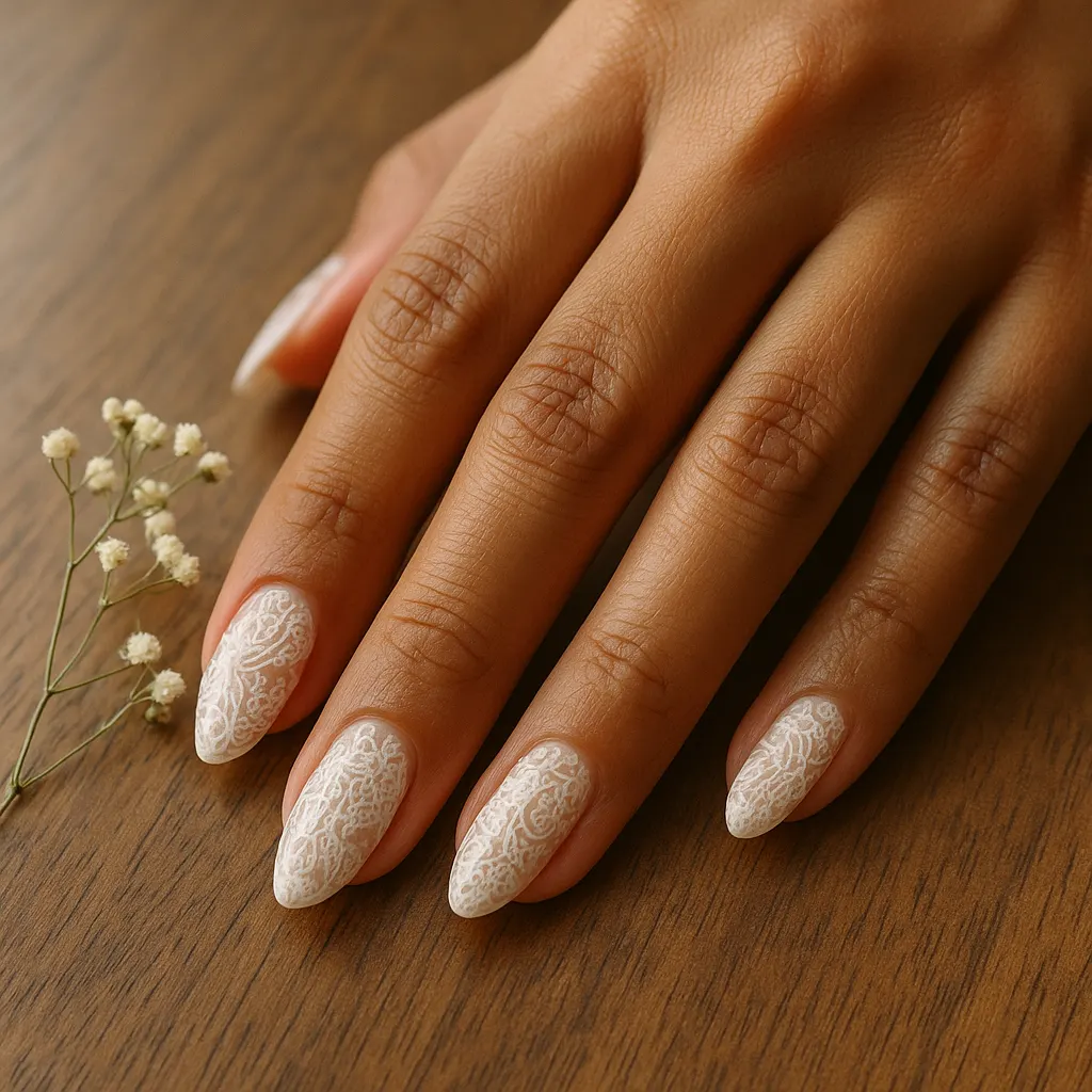 Medium almond nails with fine white lace art over a nude base on morena skin, beside a sprig of baby's breath.