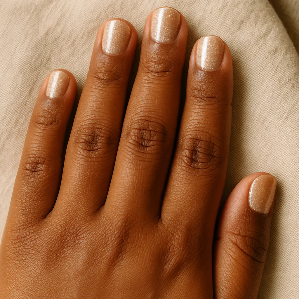 Short round nails in a soft champagne shimmer with fine gold sparkle on deep kayumanggi skin, over beige linen.