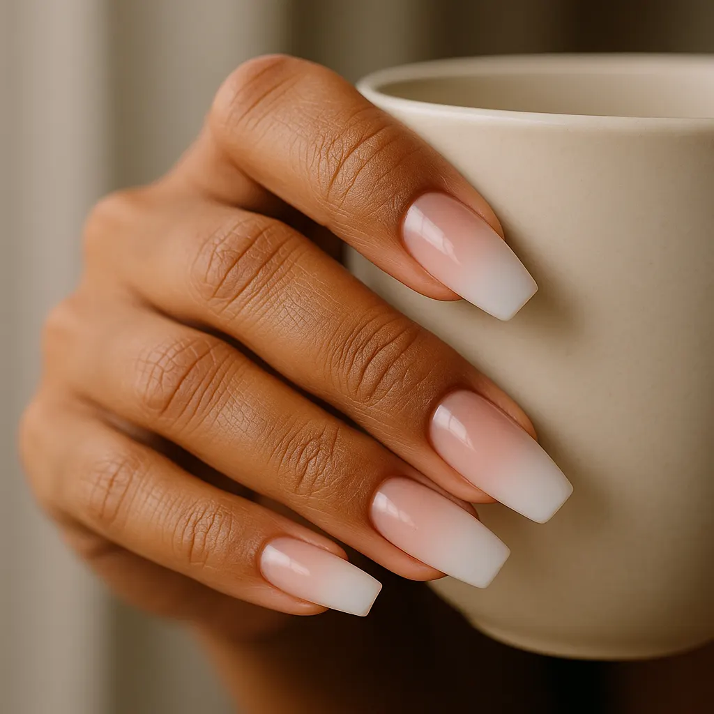 Medium coffin nails in a pink to milky white baby boomer ombre on morena skin, fingers around a cream coffee cup.