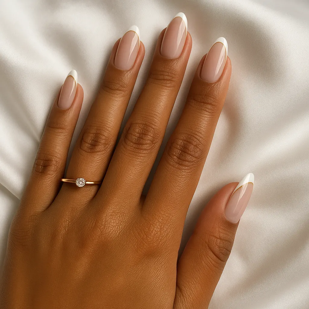 Long almond nails with white French tips edged by a thin gold line, on warm tan skin with a simple engagement ring.