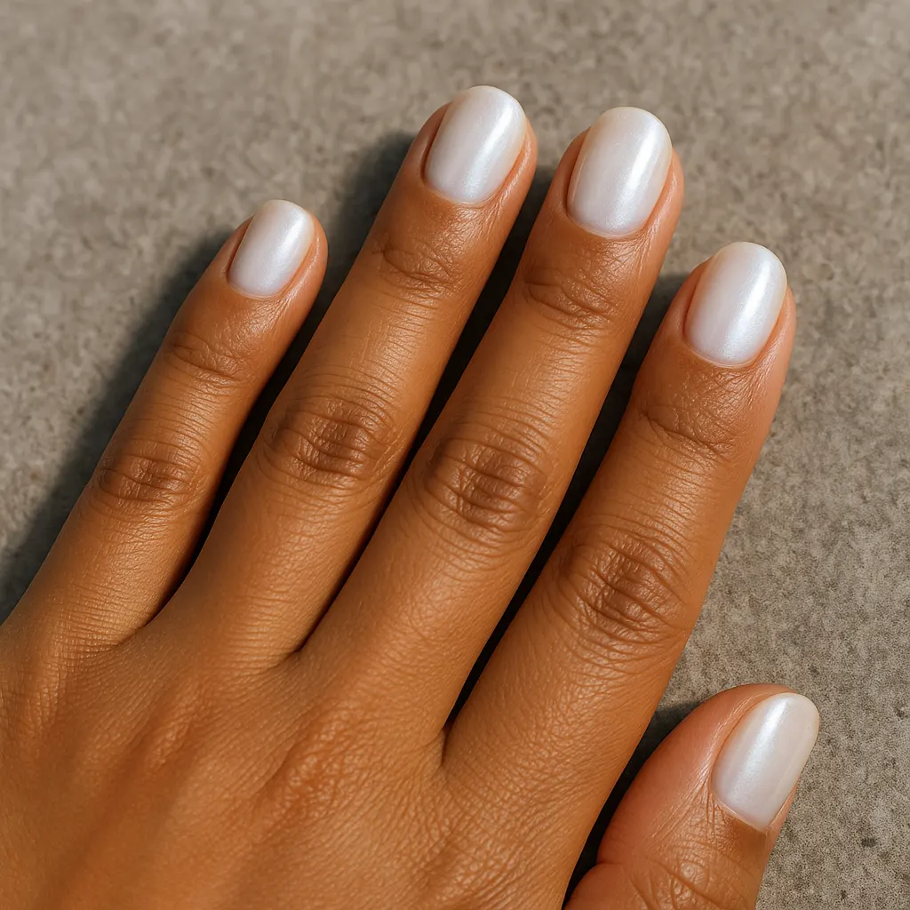 Short round nails in a milky white glazed donut finish with a pearly sheen, on warm tan skin over grey stone.