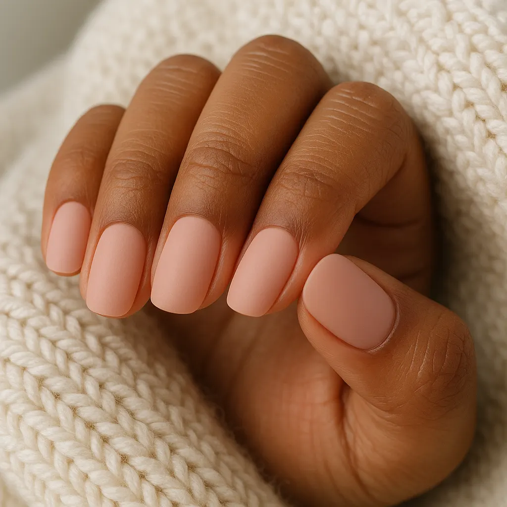 Short squoval nails in a soft blush pink matte finish on medium brown skin, resting on cream knit.