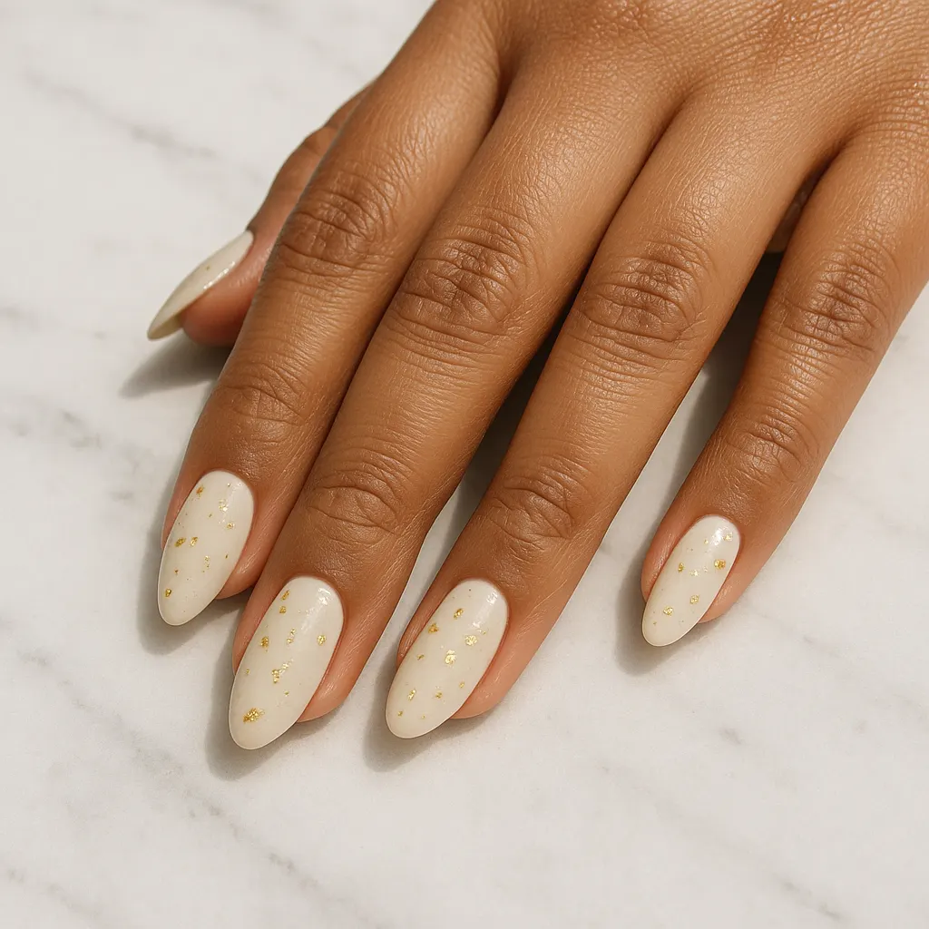 Medium almond nails in glossy ivory scattered with small gold flakes, on morena skin over white marble.