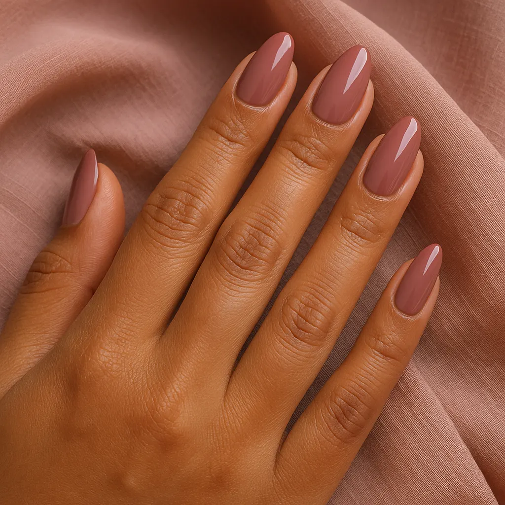 Medium almond nails in glossy dusty rose on warm tan skin, resting on dusty pink fabric.