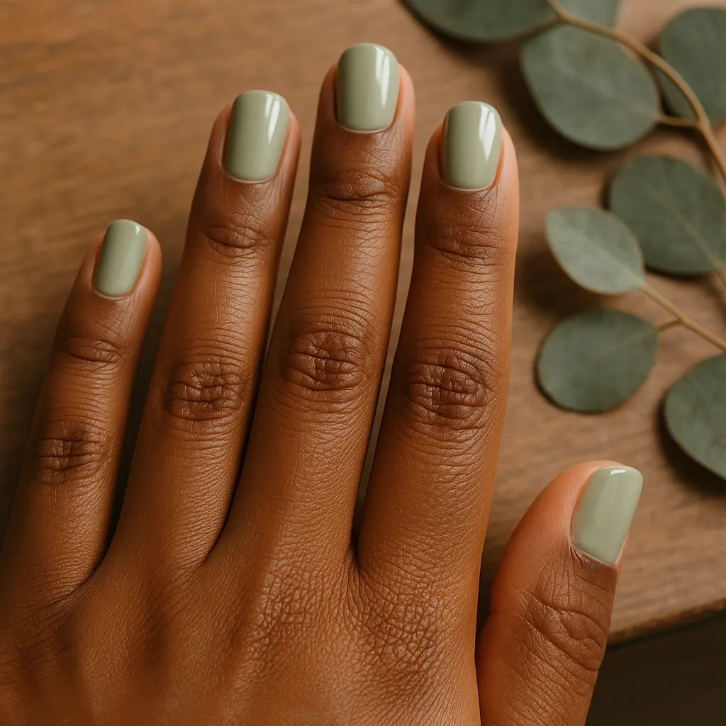 Short squoval nails in glossy muted sage green on deep kayumanggi skin, beside eucalyptus leaves.