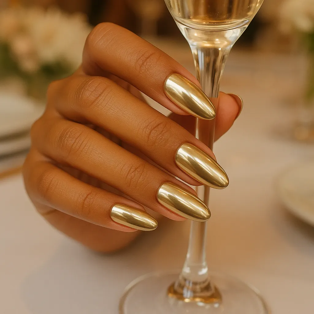 Medium almond nails in a mirror champagne gold chrome on morena skin, fingers around the stem of a champagne glass.