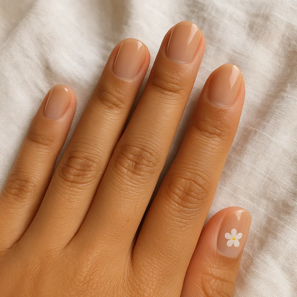 Short round nails in glossy sheer nude with one small white flower on the thumb, on light mestiza skin over white linen.