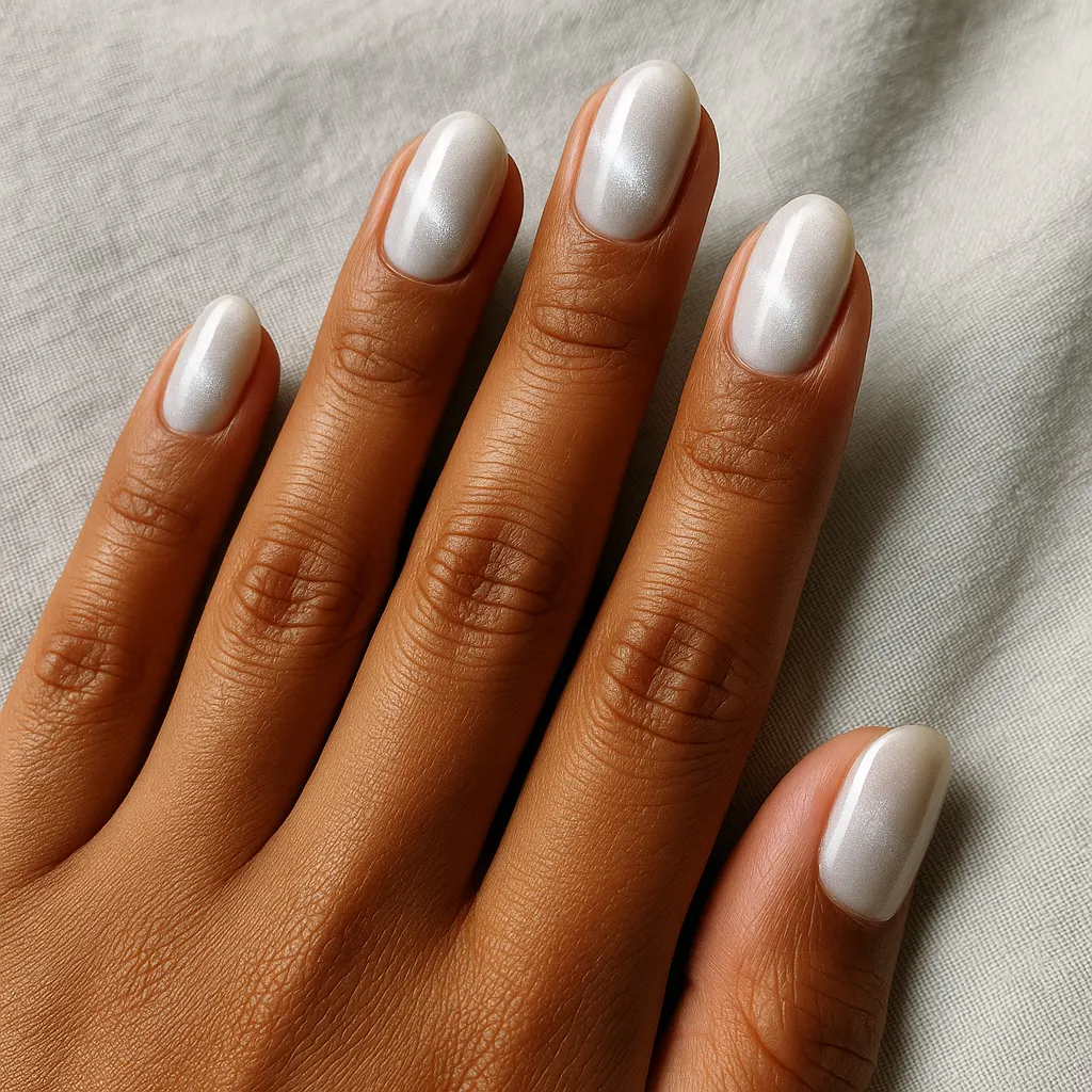 Medium oval nails in a pearl white cat eye with a soft silvery shimmer band, on morena skin over pale grey linen.