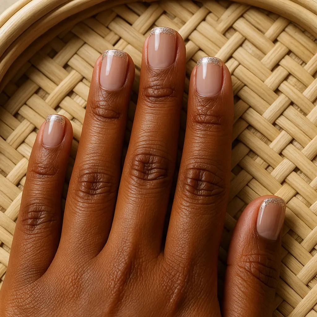 Short square nails in sheer nude with fine silver glitter along the tips, on deep kayumanggi skin over a rattan tray.