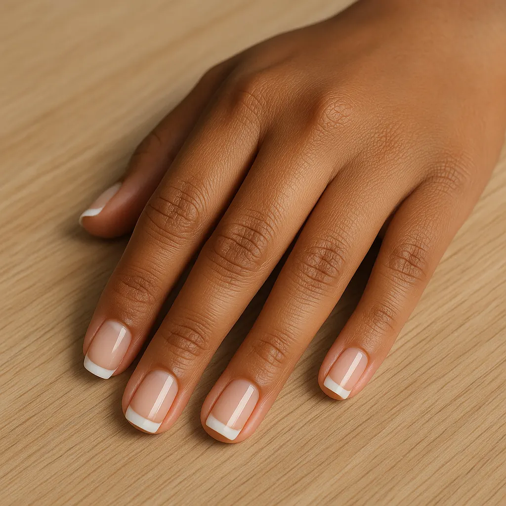 Short square nails with a sheer nude base and thin straight white French tips on warm tan skin, hand flat on a light oak table.