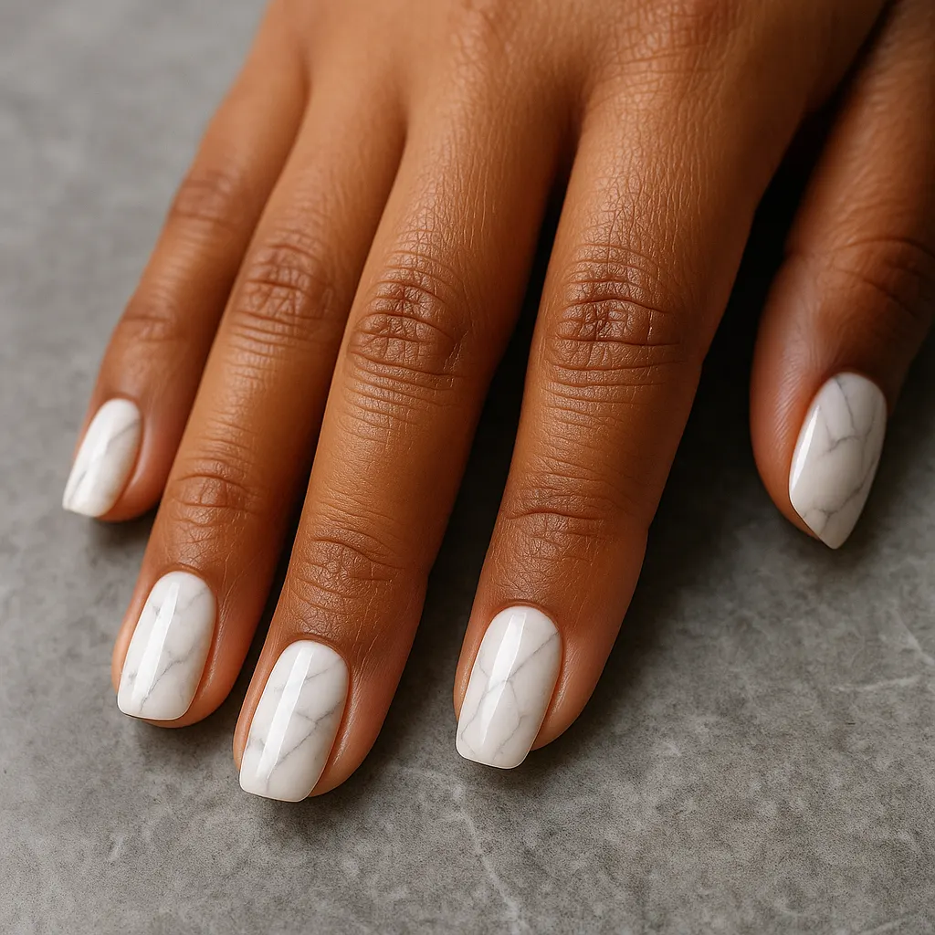 Medium squoval nails in glossy white marble with thin grey veins on morena skin, hand flat on a grey stone counter.