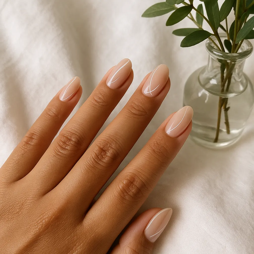 Medium almond nails with a sheer nude base and fine white abstract line art on light mestiza skin, hand on white linen beside a small glass vase of greenery.
