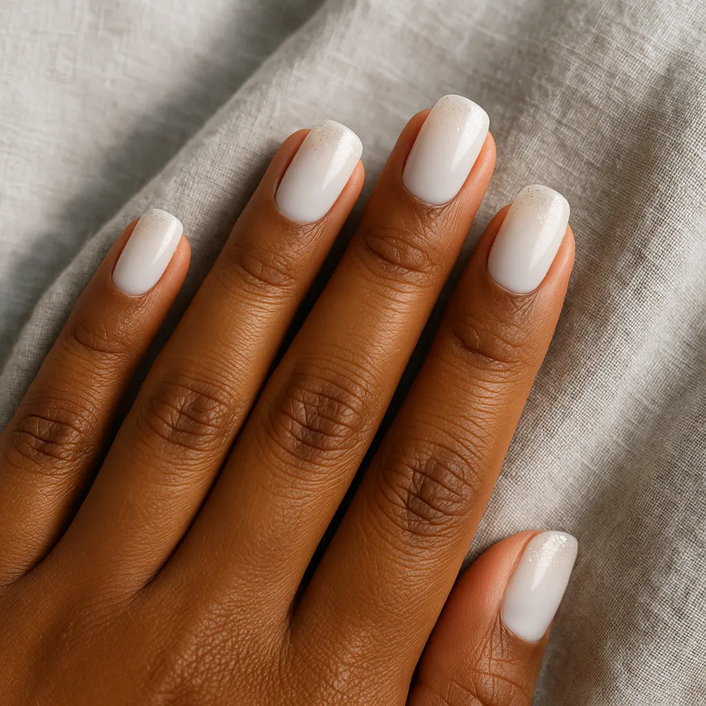 Medium squoval nails in glossy white with fine silver glitter at the tips on deep kayumanggi skin, hand resting on grey linen.