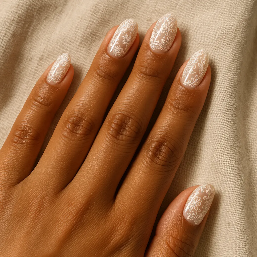 Medium almond nails with fine white lace flower patterns over a sheer nude base on warm tan skin, resting on beige linen.