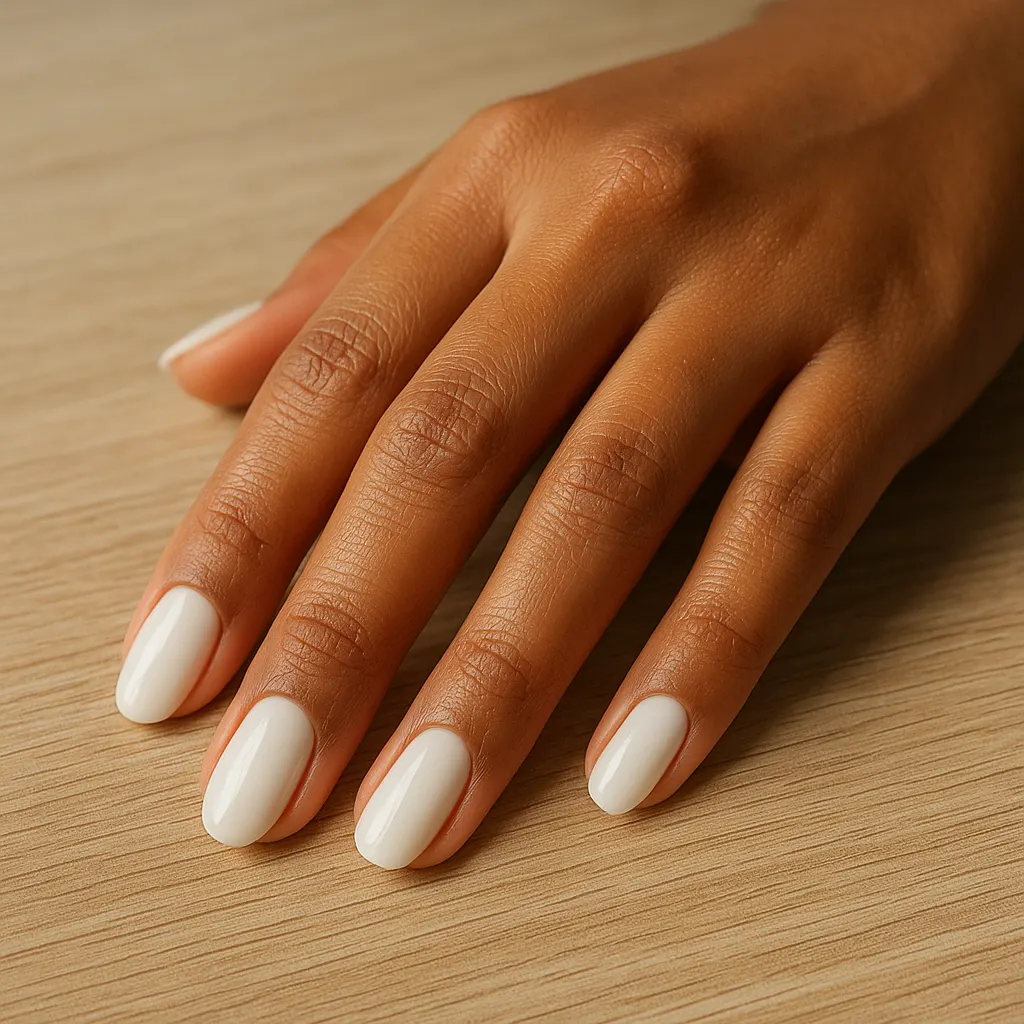 Medium oval nails in solid glossy milky white on morena skin, hand resting on a light oak table.