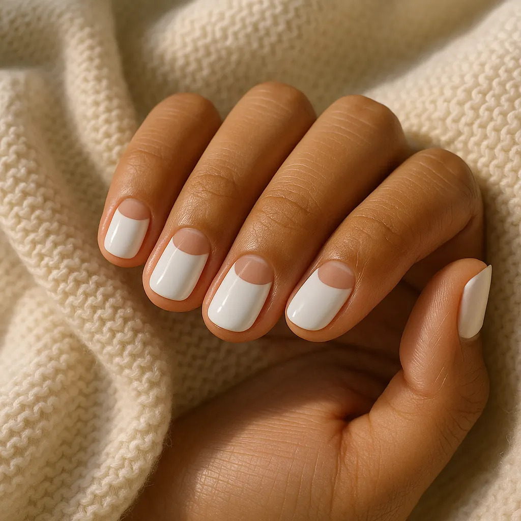 Short round nails in glossy white with a bare nude crescent at each cuticle on light tan skin, hand curled on a cream knit blanket.