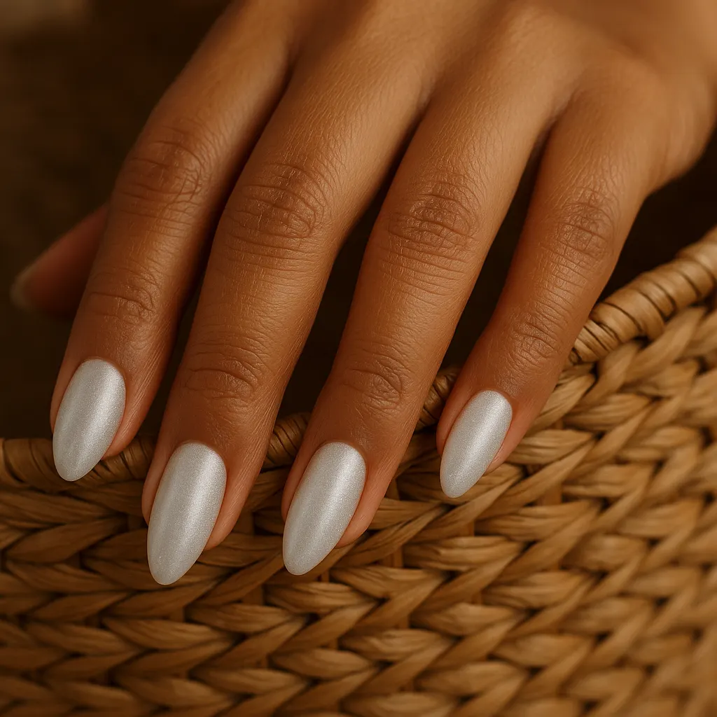 Medium almond nails in a soft shimmering white velvet finish on morena skin, fingers resting on a woven rattan basket.