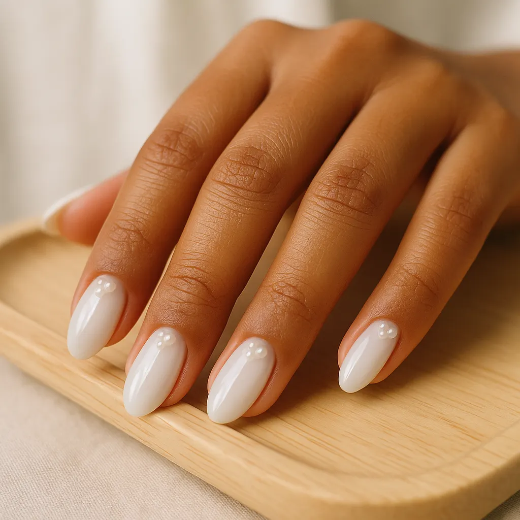 Medium oval nails in milky white with a tiny pearl bead near each cuticle on medium brown skin, on a light wooden tray.