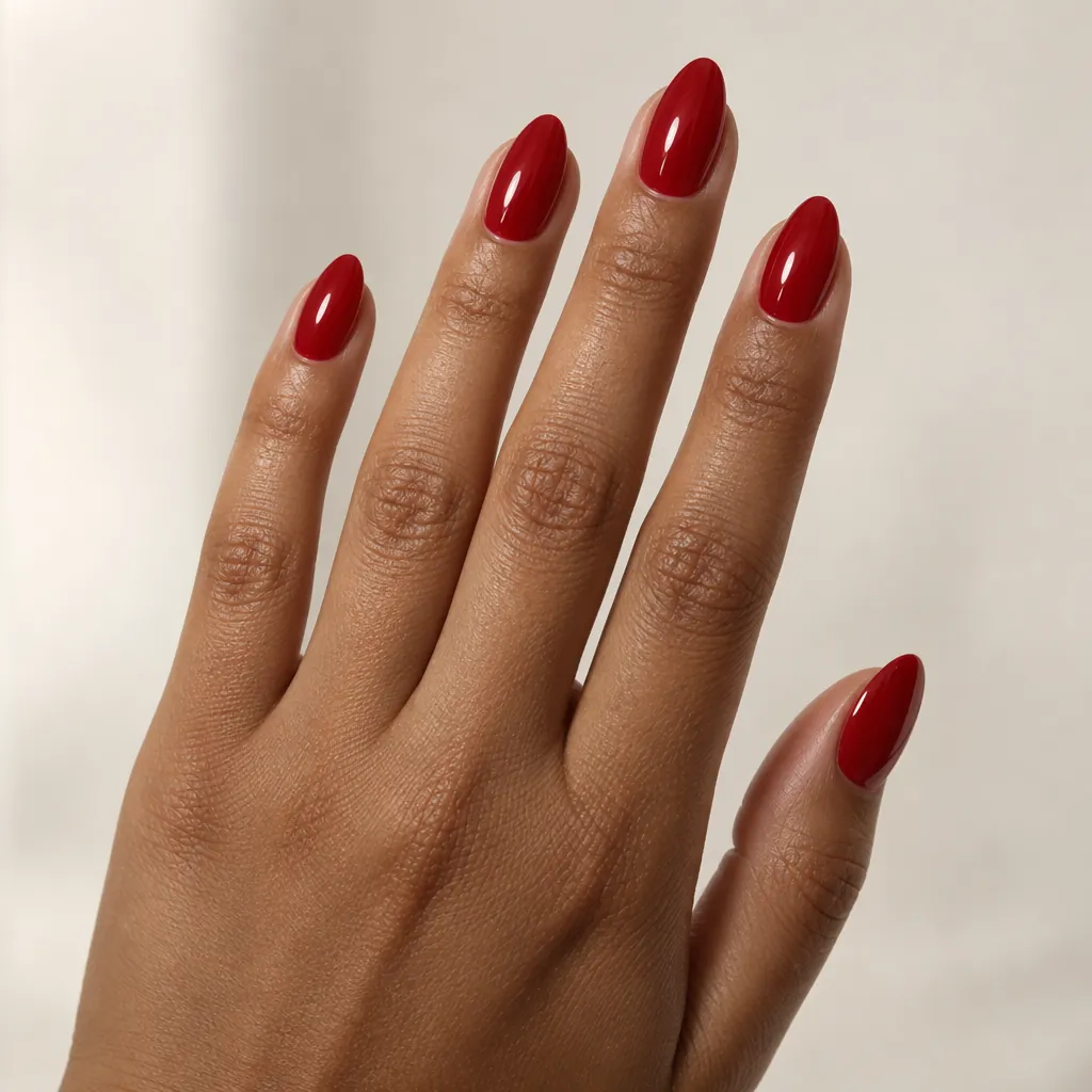 Medium almond nails in a deep classic Christmas red, on warm brown skin.