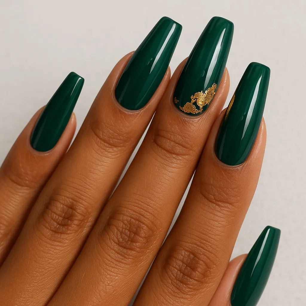 Long coffin nails in a deep emerald green with gold leaf flecks near the cuticle on one of them, on morena skin against a light grey background.