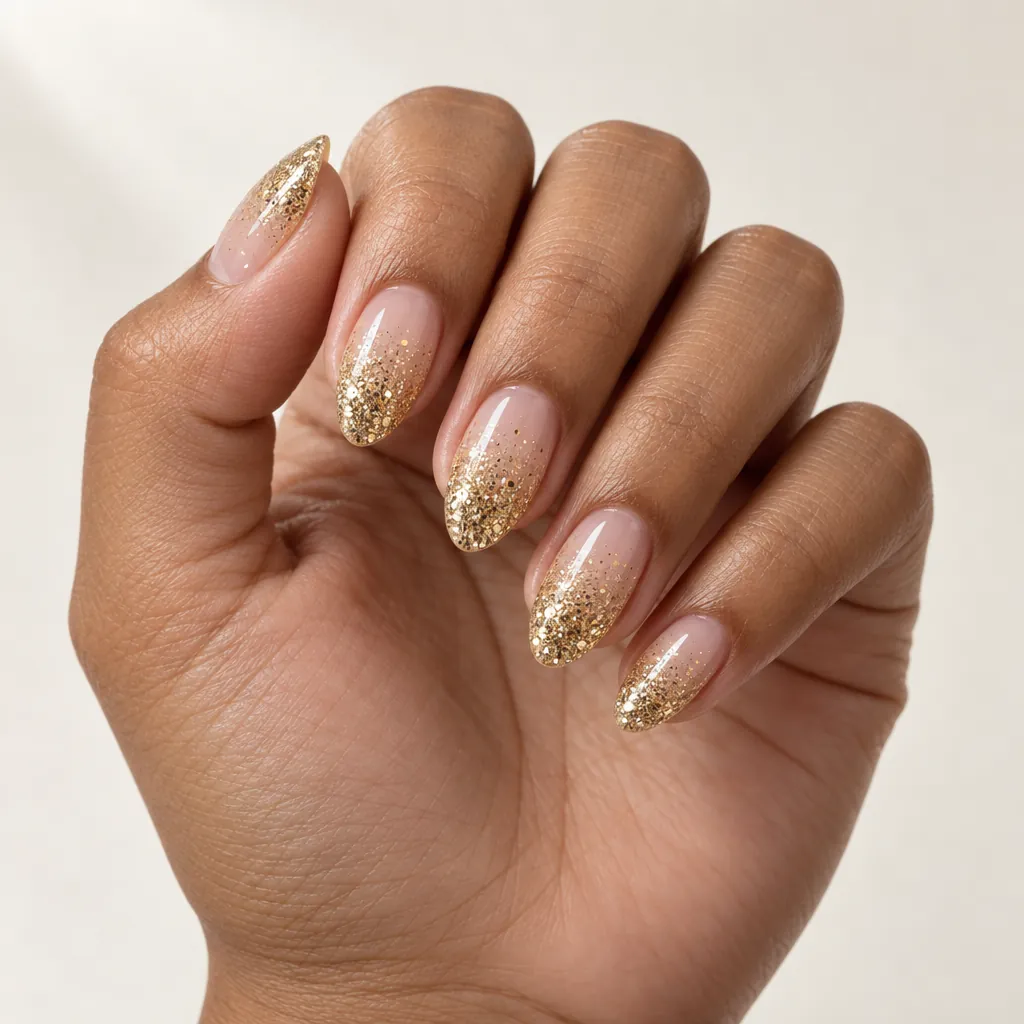 Medium almond nails with a sheer base and dense gold glitter packed at the tips, on warm brown skin.