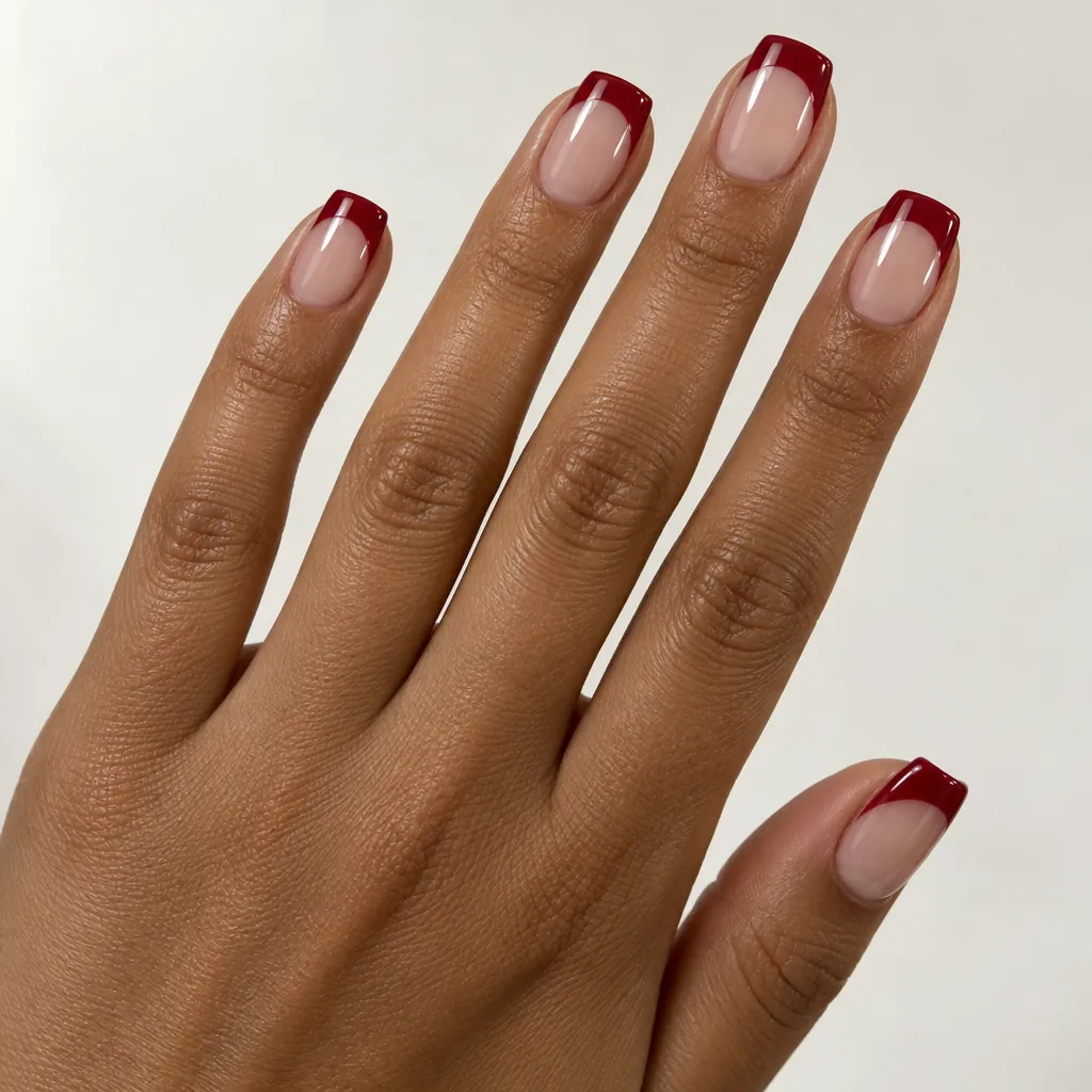 Short square nails with a sheer base and a deep red French tip, on tan brown skin.