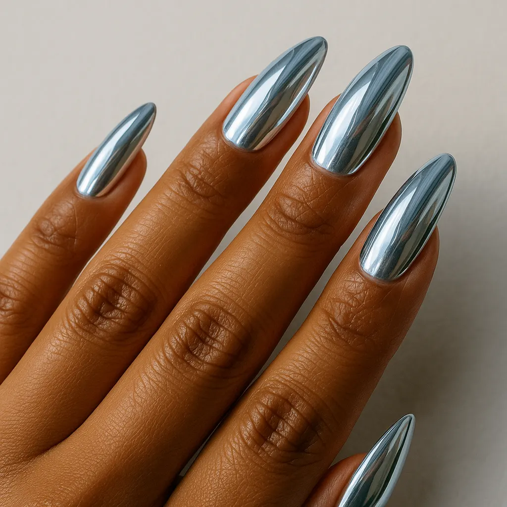 Long almond nails in an icy silver chrome with a cool blue cast, on kayumanggi skin against a light grey background.