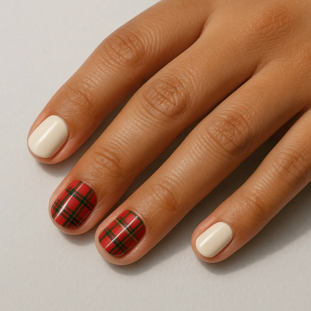 Short round nails in cream with red and green tartan hand-painted on two accent nails, on warm tan skin against a light grey background.