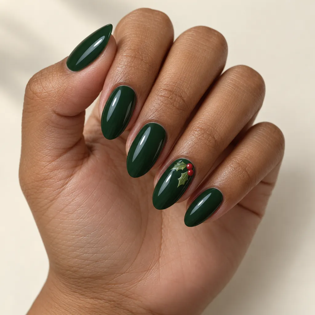 Medium almond nails in deep forest green with holly leaves and two red berries painted on one accent nail, on warm brown skin.