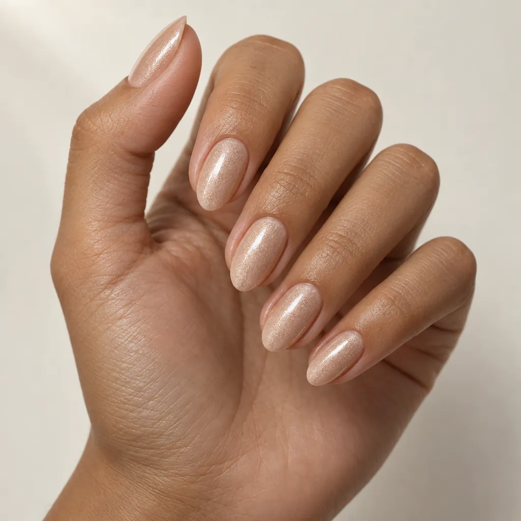 Medium almond nails in a champagne nude with a fine pearly shimmer, on tan skin.