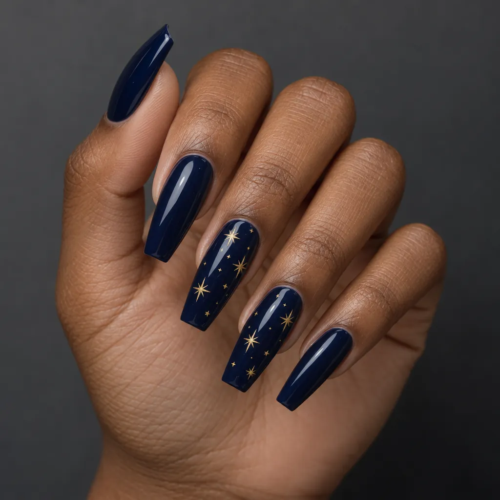 Long coffin nails in a deep midnight blue with small gold stars on two accent nails, on medium brown skin.