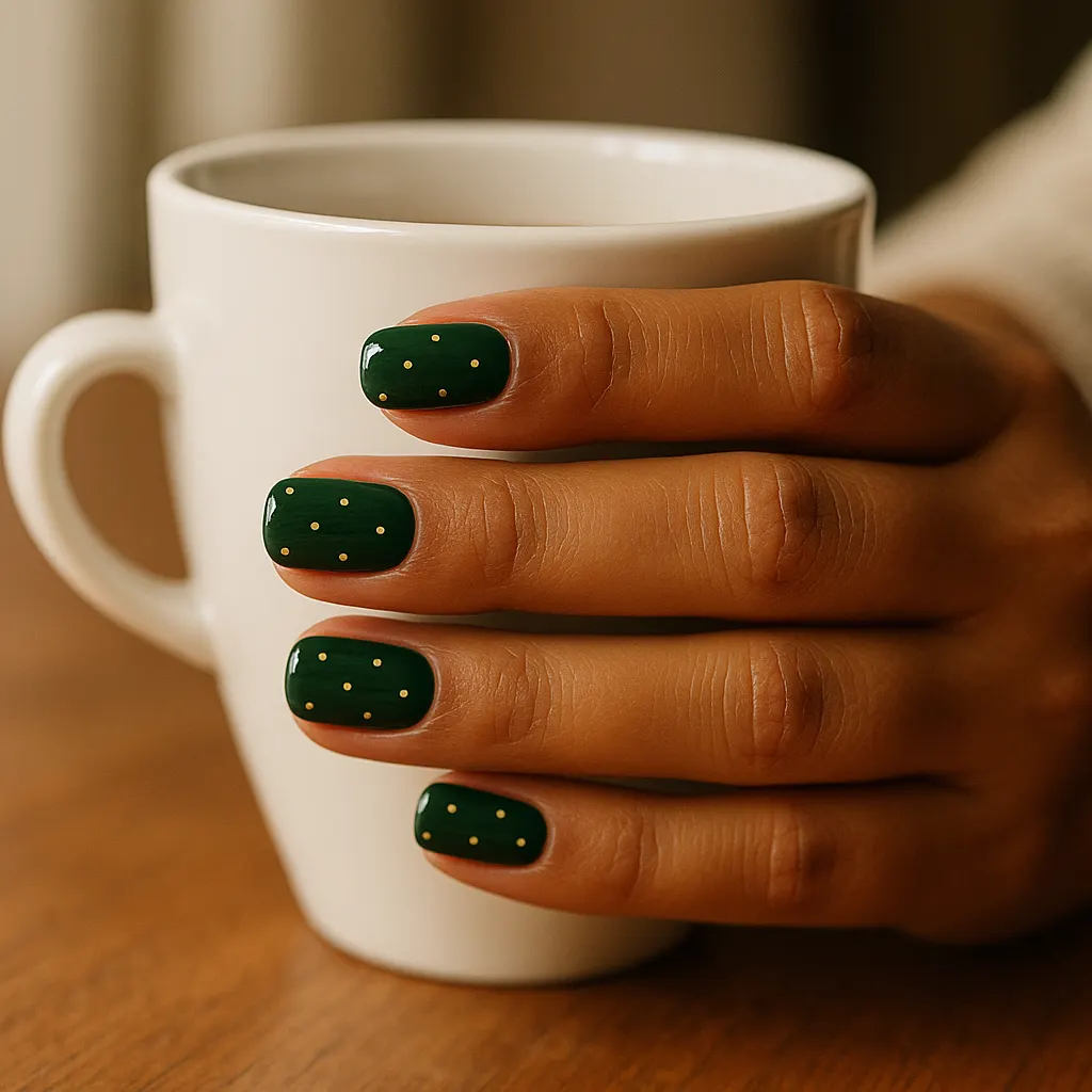 Short squoval nails in glossy dark pine green scattered with tiny gold dots, on warm tan skin holding a white mug.