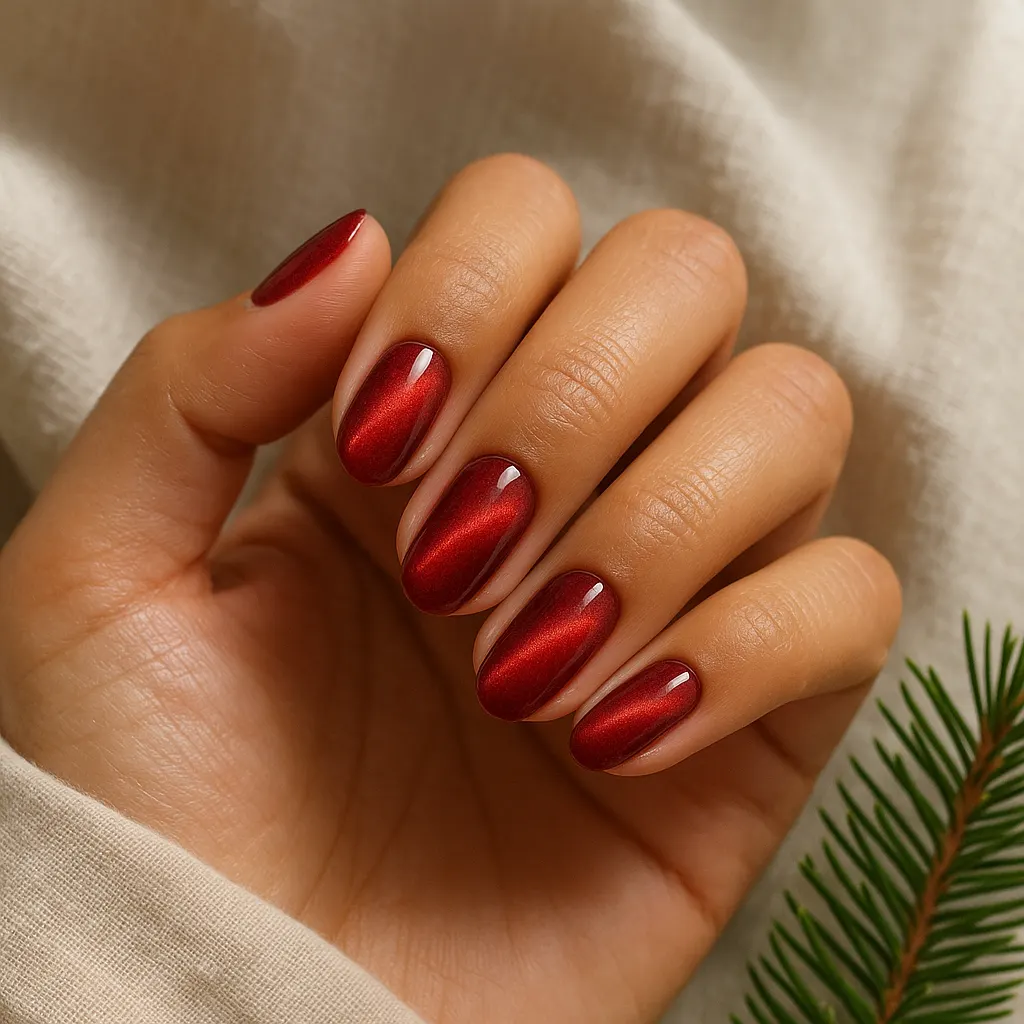 Medium oval nails in deep red velvet cat eye with a shimmering glow band, on light Filipino skin beside a pine sprig.