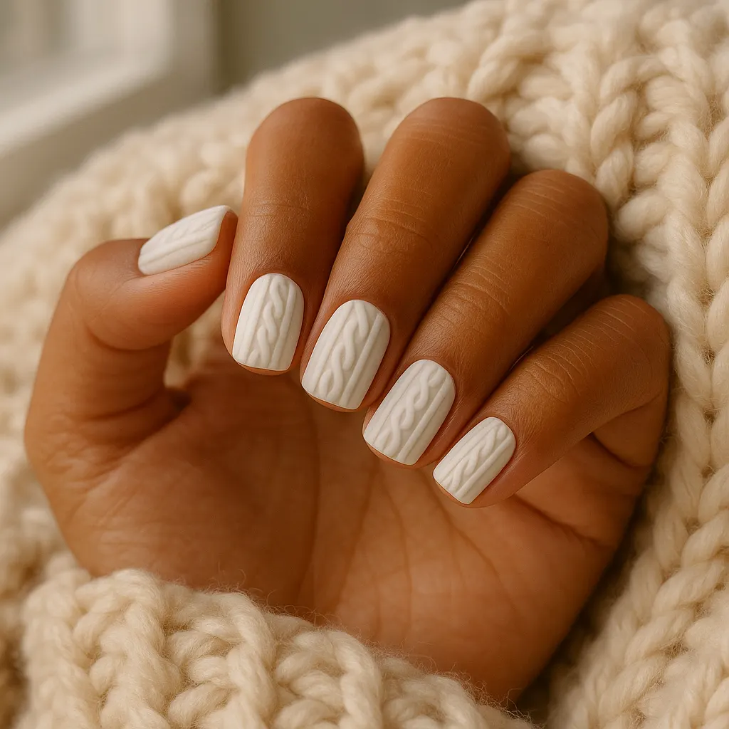 Short square nails in matte white with a raised cable knit sweater texture, on morena skin against a chunky cream blanket.