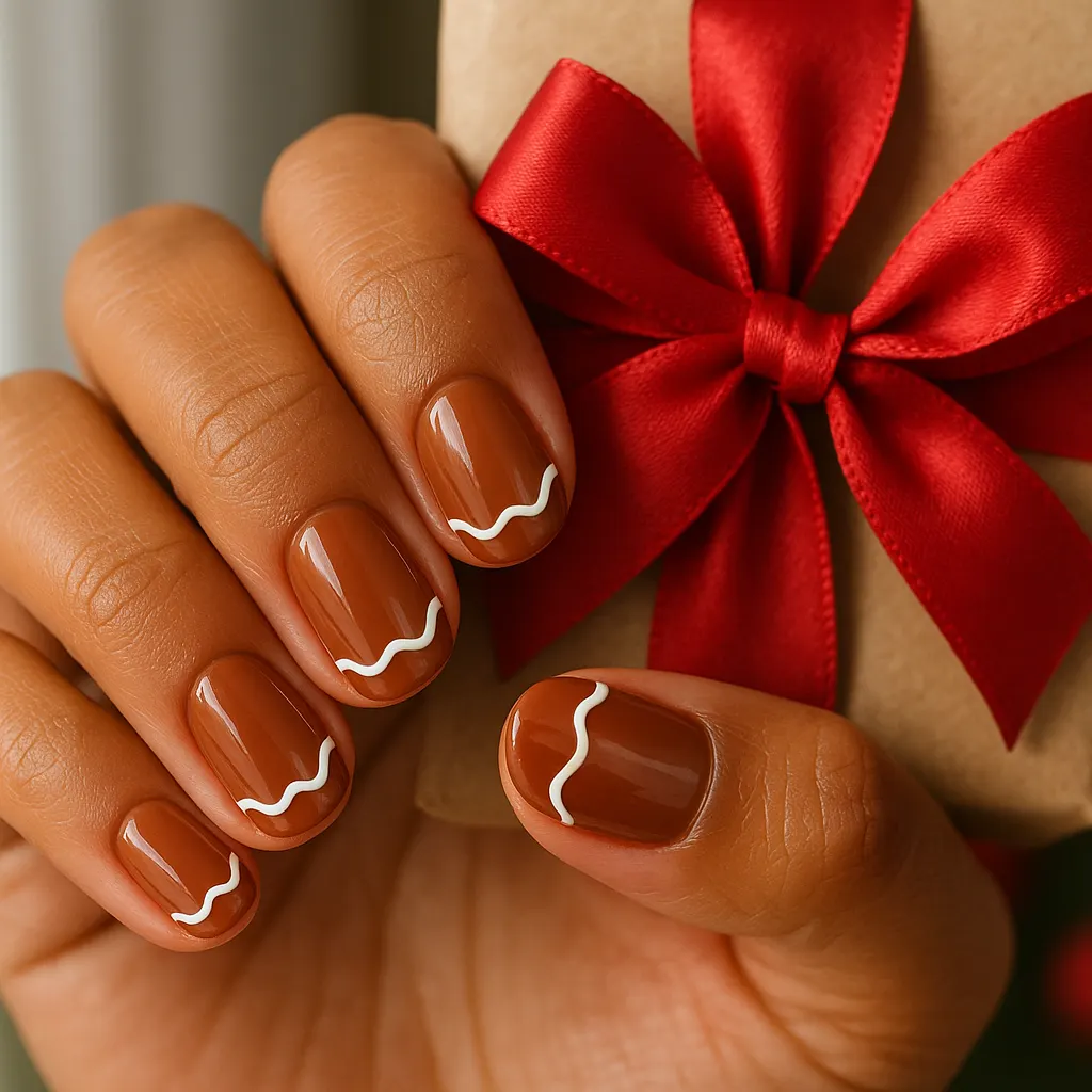 Short round nails in glossy gingerbread brown with a wavy white icing line near the tip, on warm tan skin beside a gift with a red bow.