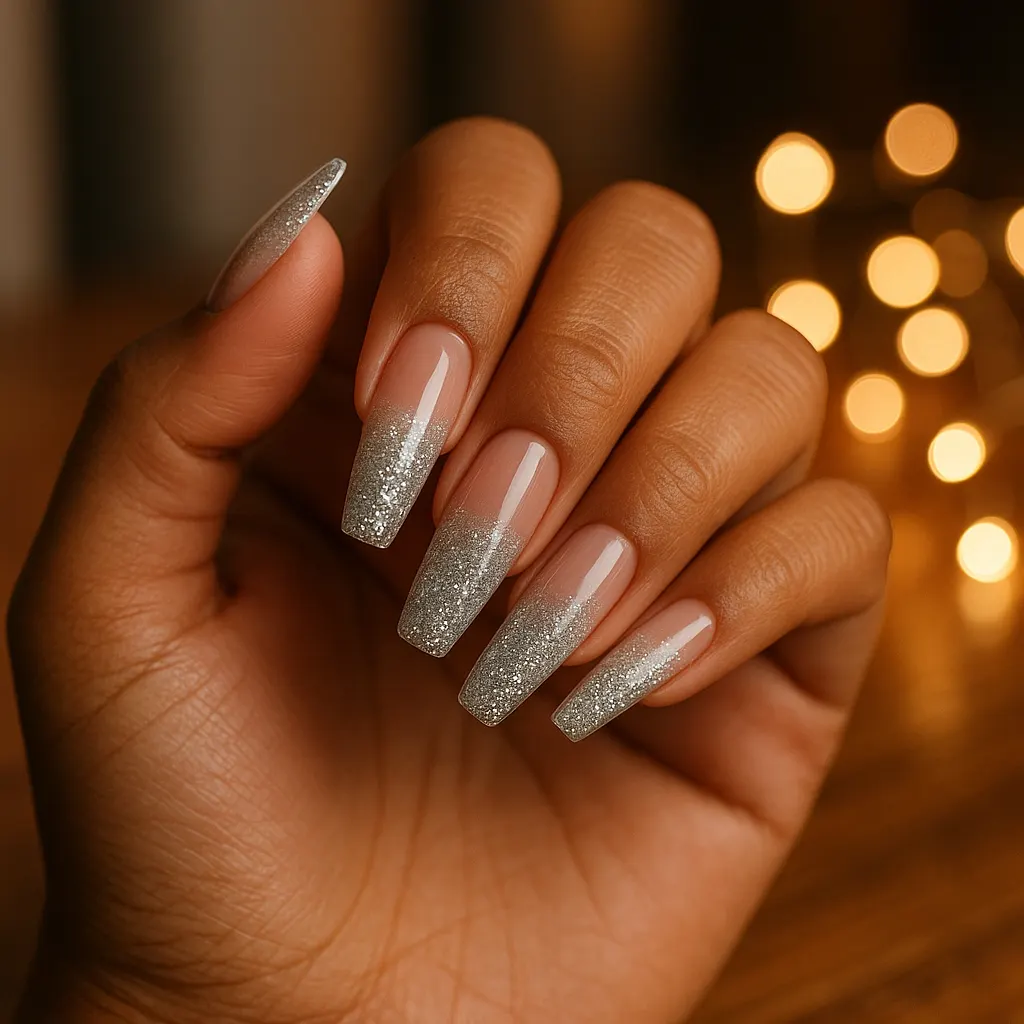 Long coffin nails fading from sheer nude pink to dense silver glitter tips, on warm tan skin with blurred fairy lights behind.