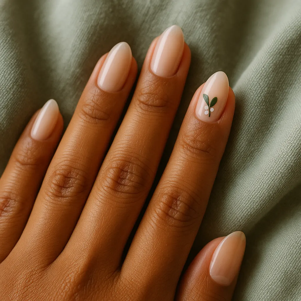 Medium almond nails in milky nude with a tiny mistletoe sprig of green leaves and white berries on the ring finger, on morena skin.
